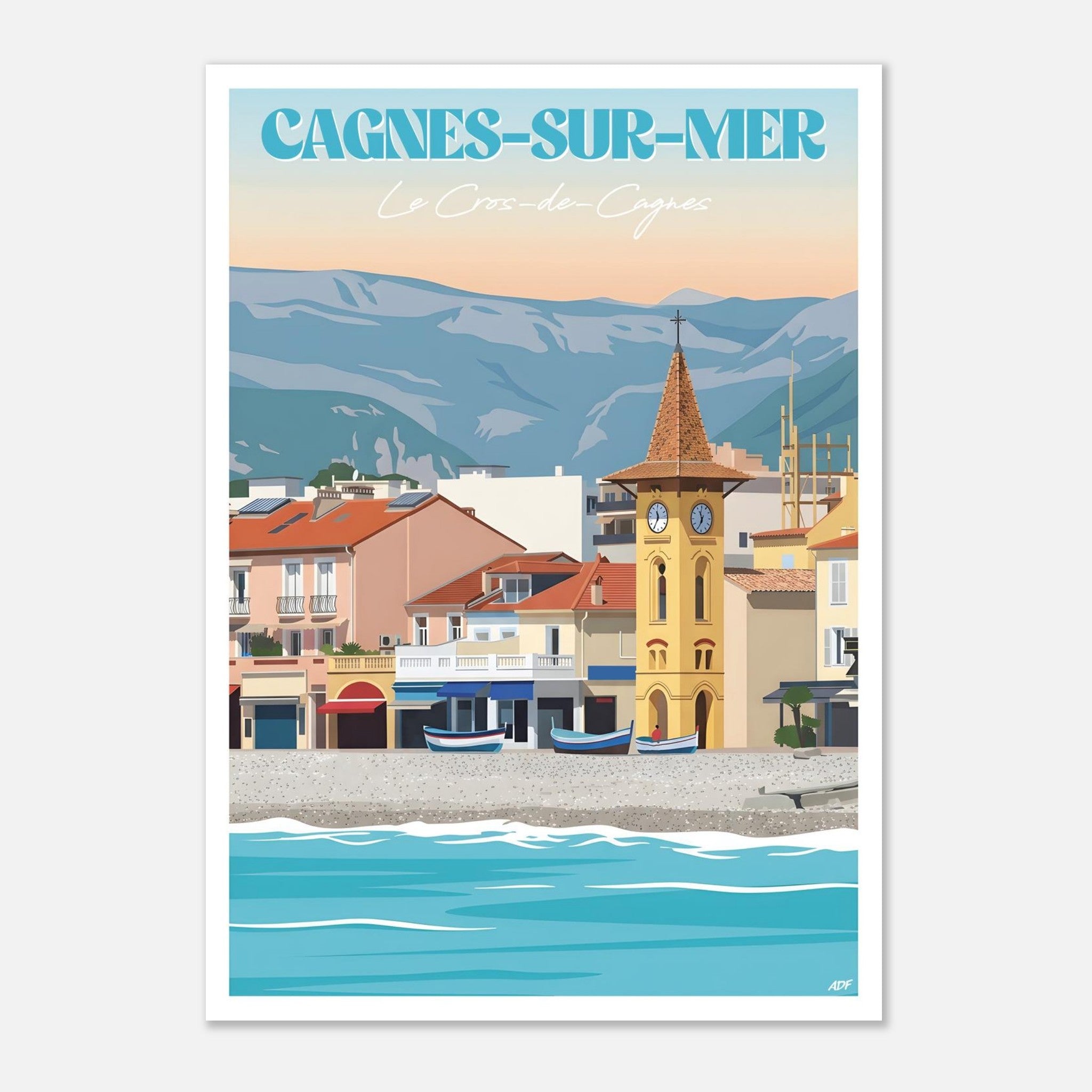 Poster rétro illustré du Cros-de-Cagnes avec la plage de galets, les pointus traditionnels et la mer turquoise