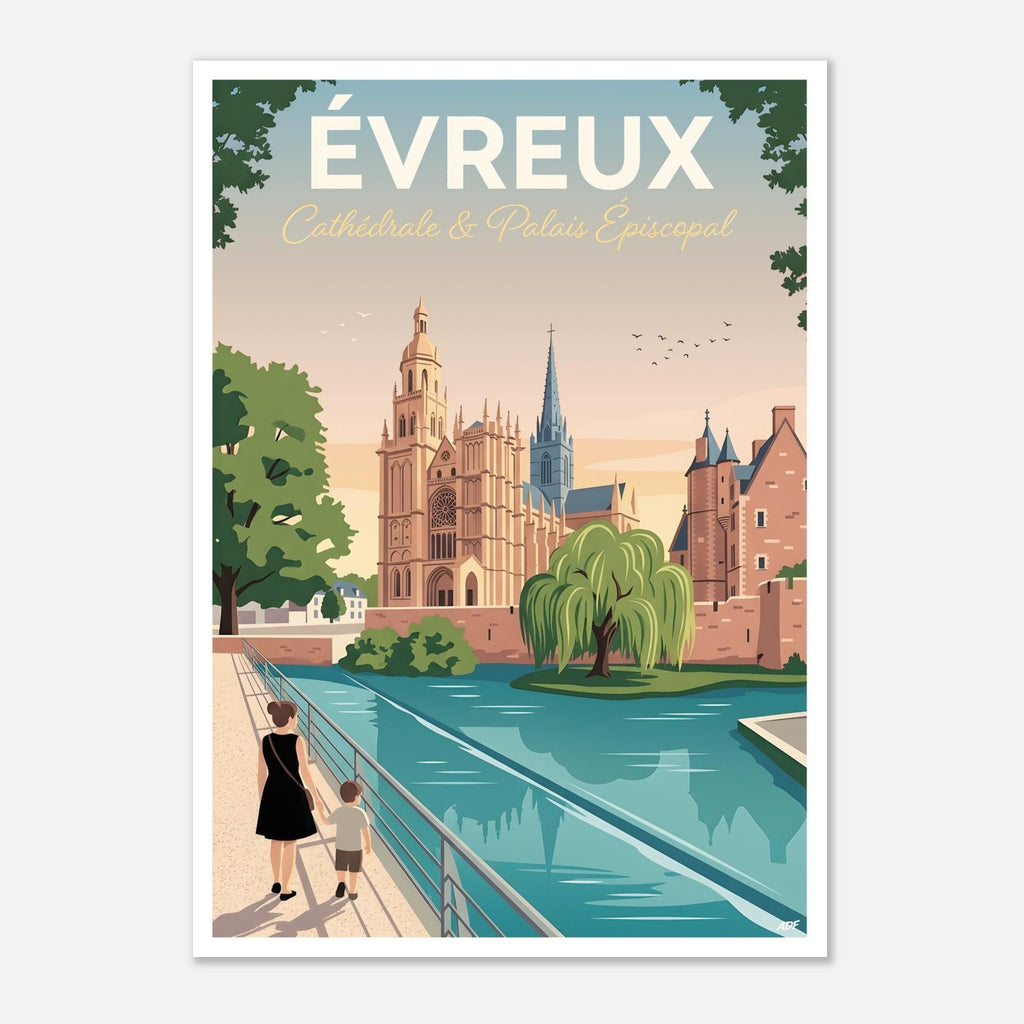 Poster d'Évreux sous cadre en bois clair posé sur une commode blanche près d'un vase en céramique