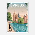 Poster d'Évreux sous cadre en bois clair posé sur une commode blanche près d'un vase en céramique