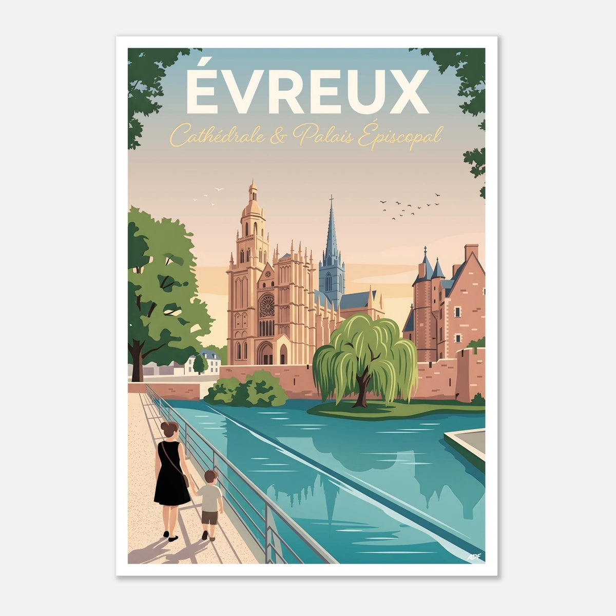 Poster d'Évreux sous cadre en bois clair posé sur une commode blanche près d'un vase en céramique