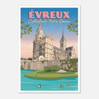 Poster d'Évreux encadré posé sur un buffet scandinave en bois clair à côté d'une lampe moderne