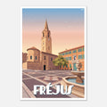 Poster rétro illustré du centre historique de Fréjus avec l'hôtel de ville et la cathédrale Saint-Léonce