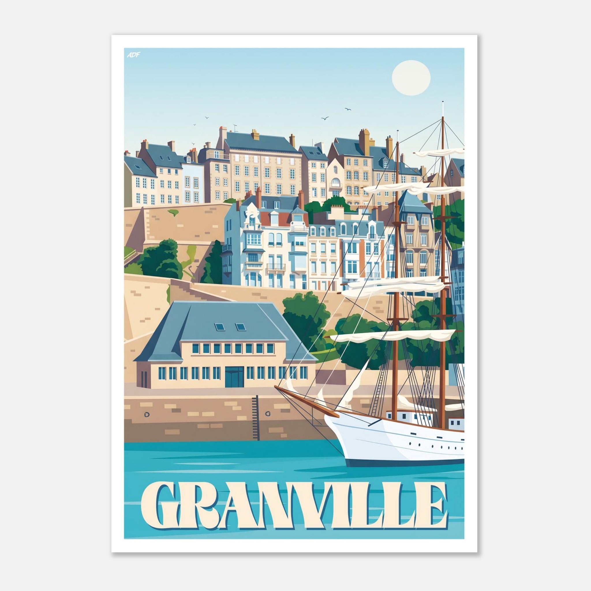 Poster rétro illustré de la cité corsaire de Granville en Normandie avec vieux gréement