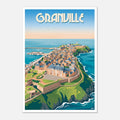 Poster rétro illustré avec vue panoramique sur la côte rocheuse de Granville en Normandie