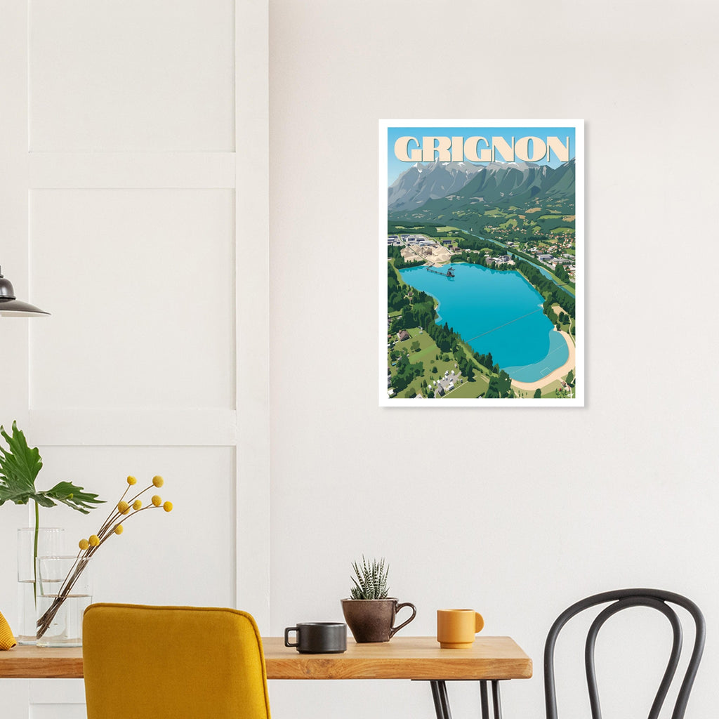 Décoration murale esprit montagne avec l'affiche de Grignon au-dessus d'une table à manger