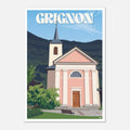 Poster rétro illustré de l'église de Grignon et des collines verdoyantes de Savoie