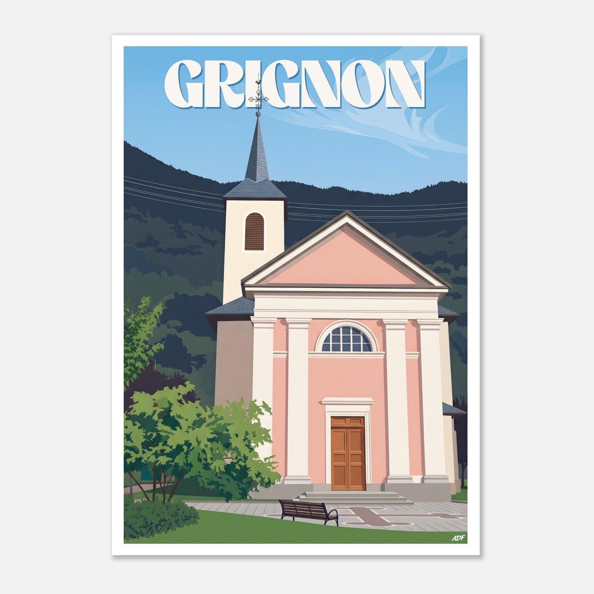 Poster rétro illustré de l'église de Grignon et des collines verdoyantes de Savoie