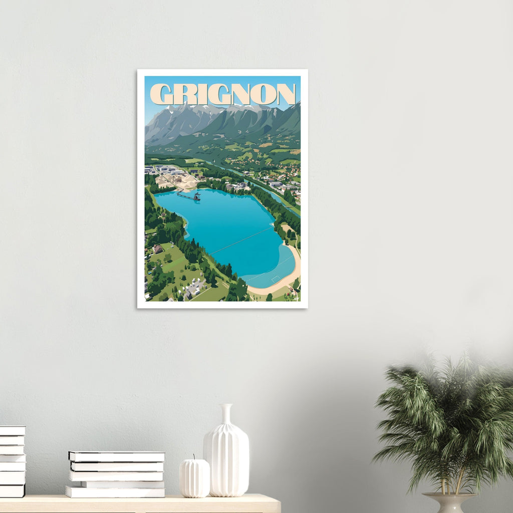 Affiche encadrée du lac de Grignon accrochée au mur dans un intérieur épuré et lumineux