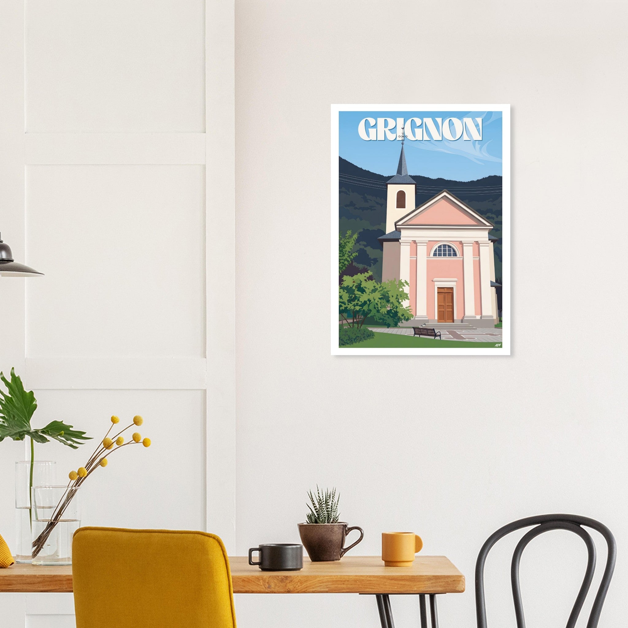 Décoration murale élégante avec l'affiche de Grignon au-dessus d'une table à manger