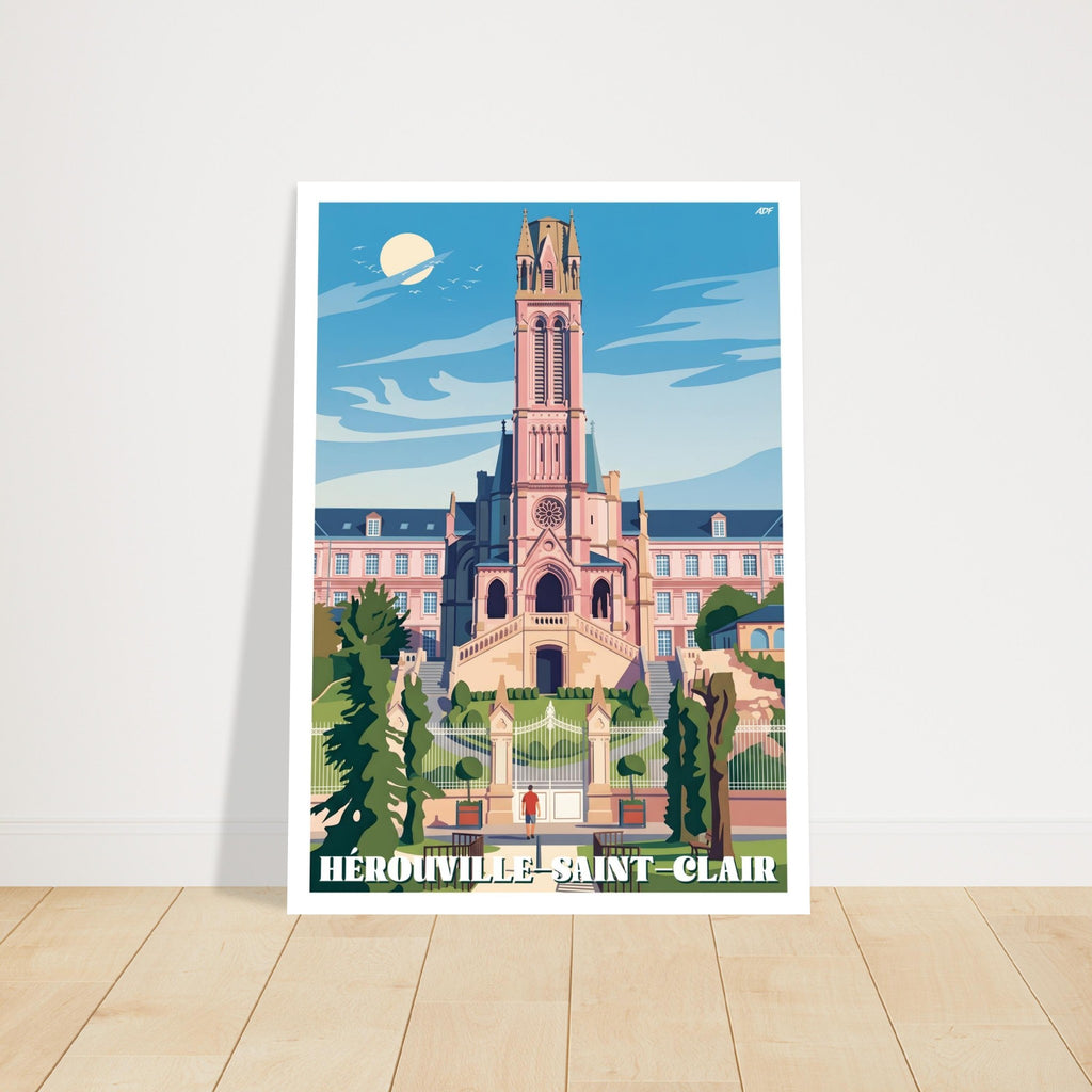 Grand tirage d'art sous cadre du poster d'Hérouville-Saint-Clair posé sur du parquet en bois