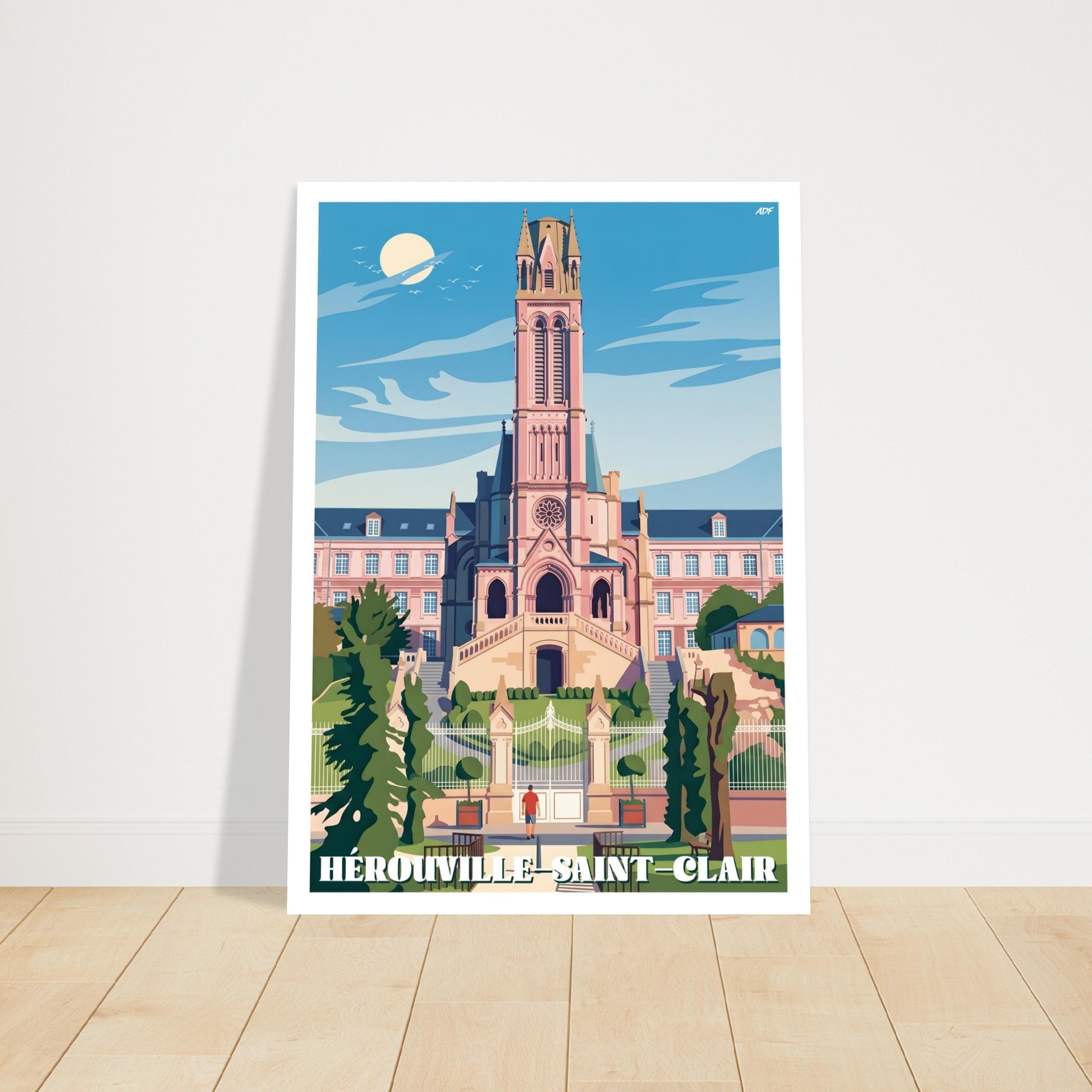 Grand tirage d'art sous cadre du poster d'Hérouville-Saint-Clair posé sur du parquet en bois