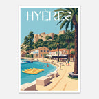 Poster vintage de bord de mer à Hyères avec vue sur le littoral et la végétation provençale