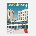 Poster rétro illustré de l'architecture moderne et de l'esplanade de Joué-lès-Tours