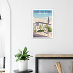 Poster de Joué-lès-Tours sous cadre posé sur une console moderne avec plante verte
