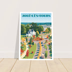 Grand poster d'art sous cadre de Joué-lès-Tours posé au sol sur parquet en bois