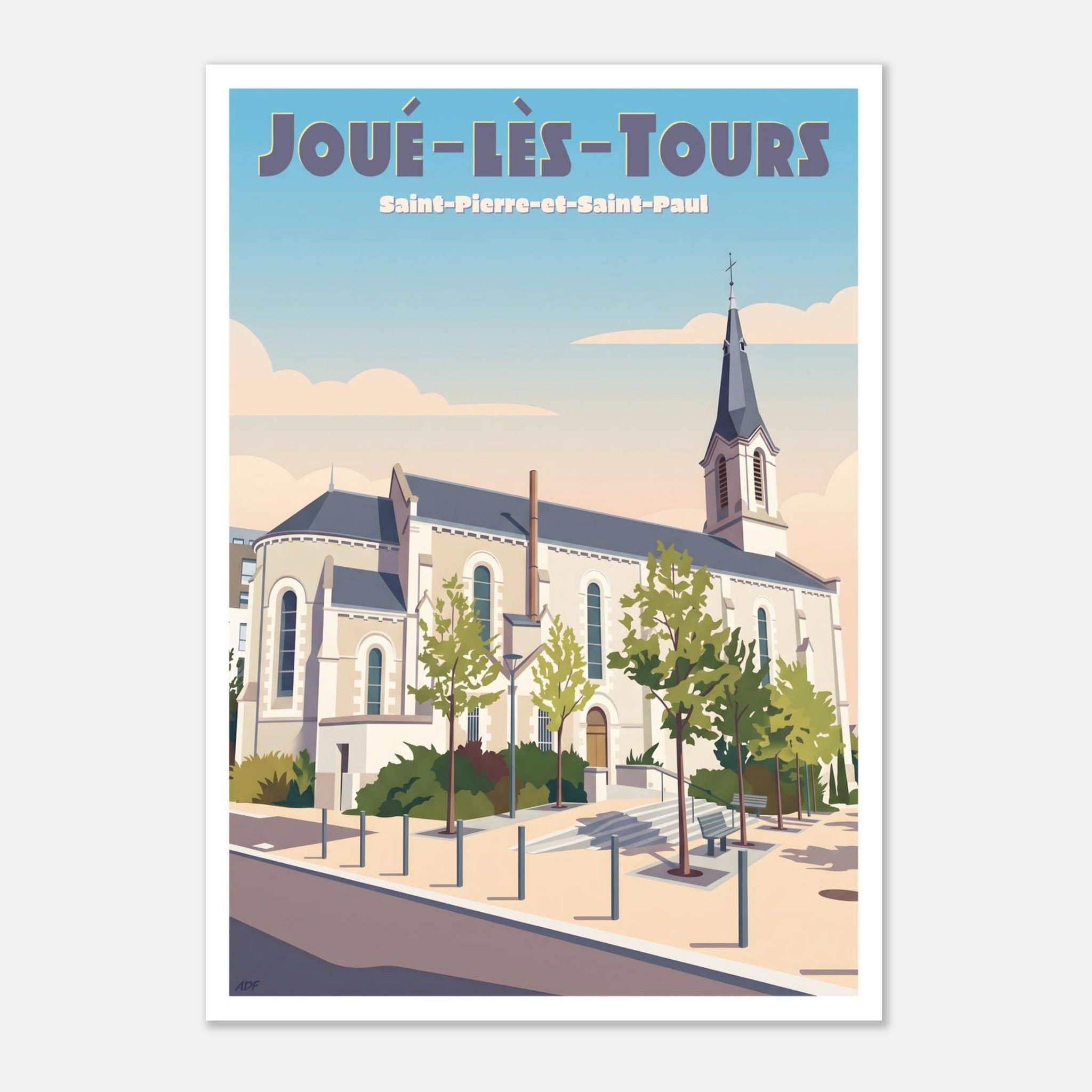 Poster rétro illustré du clocher et du centre-ville de Joué-lès-Tours en Indre-et-Loire