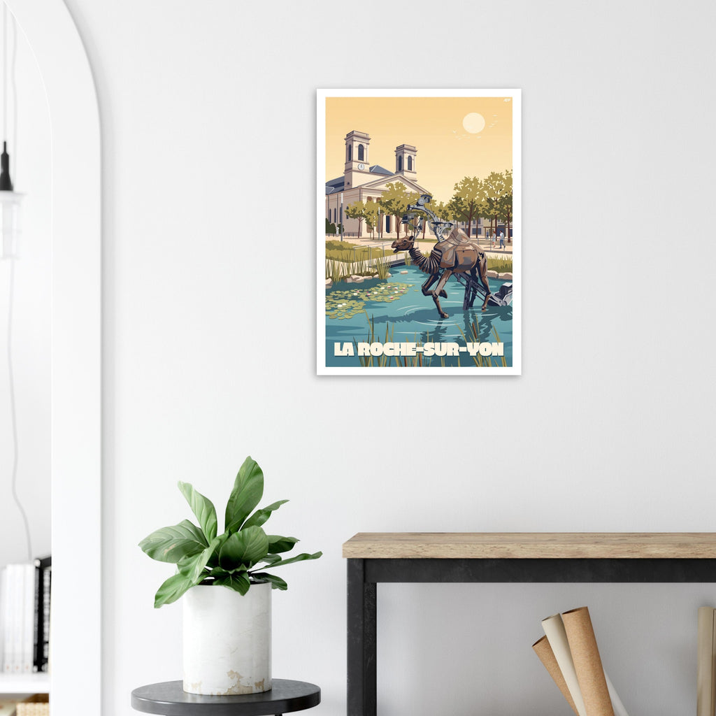 Poster de voyage de La Roche-sur-Yon sous cadre posé sur une console moderne