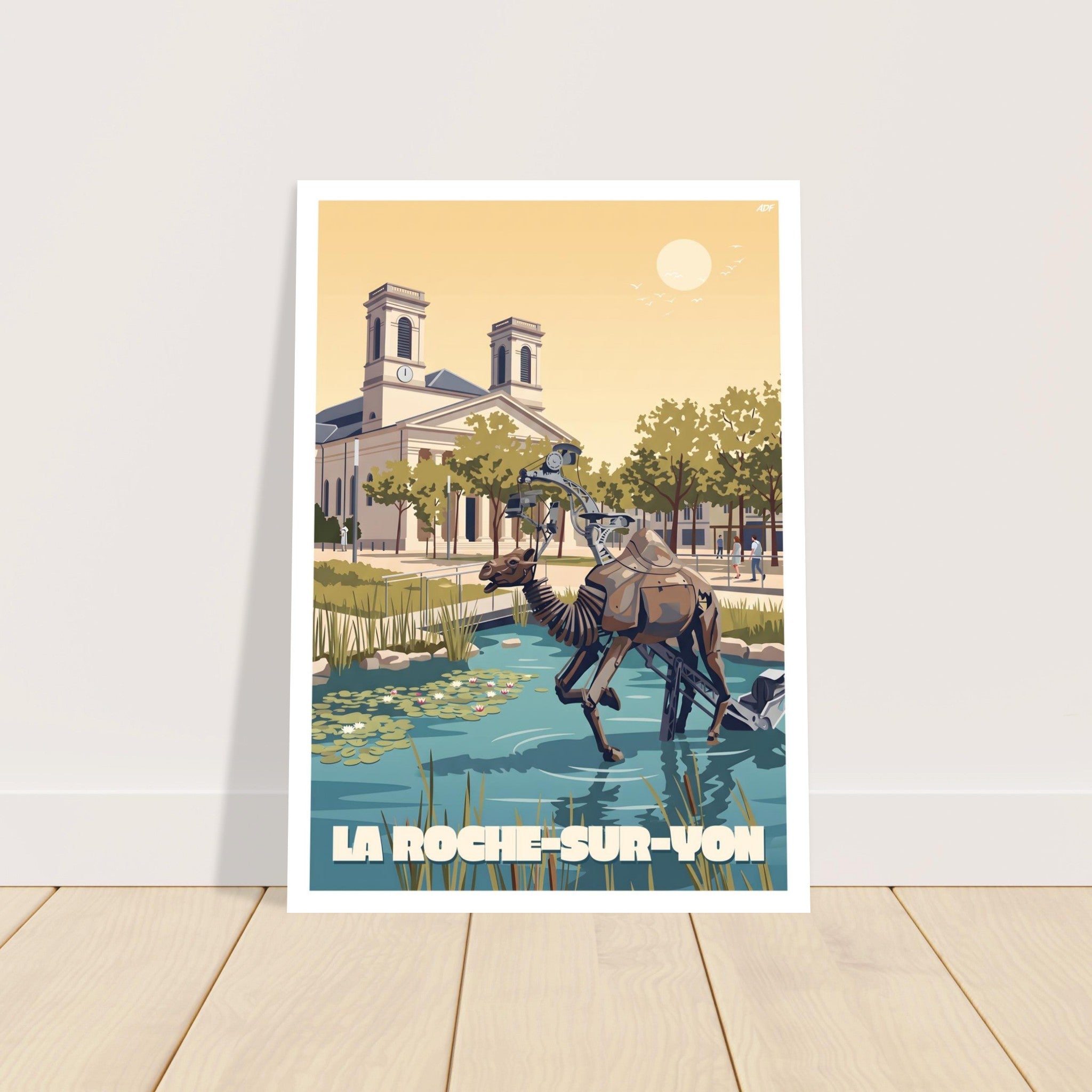 Grand tirage d'art sous cadre du poster de La Roche-sur-Yon posé au sol sur du parquet