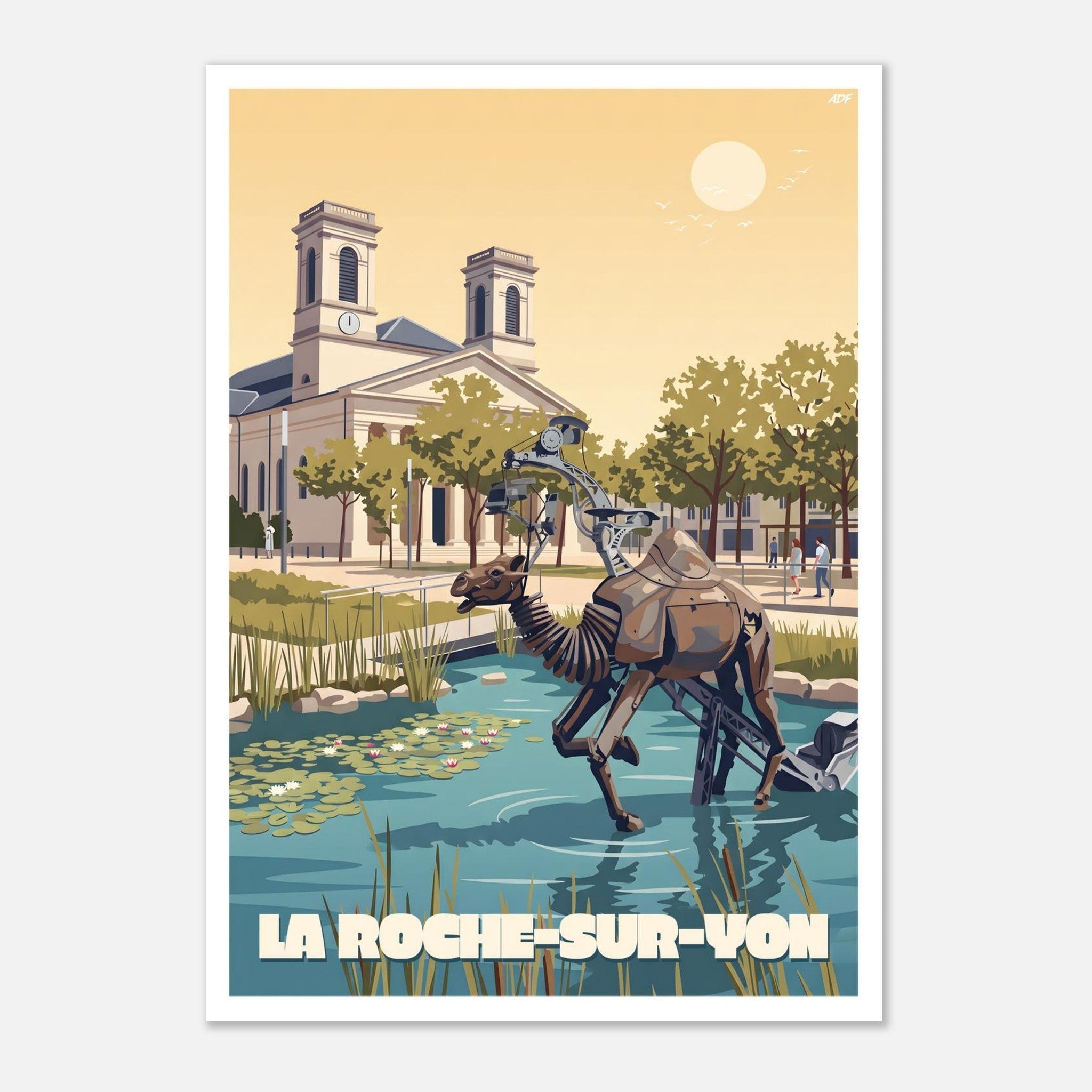 Poster rétro illustré du dromadaire mécanique et des bassins de nénuphars à La Roche-sur-Yon en Vendée