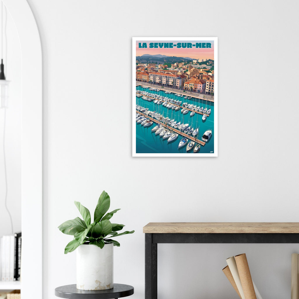 Poster de voyage de La Seyne-sur-Mer sous cadre posé sur une console moderne