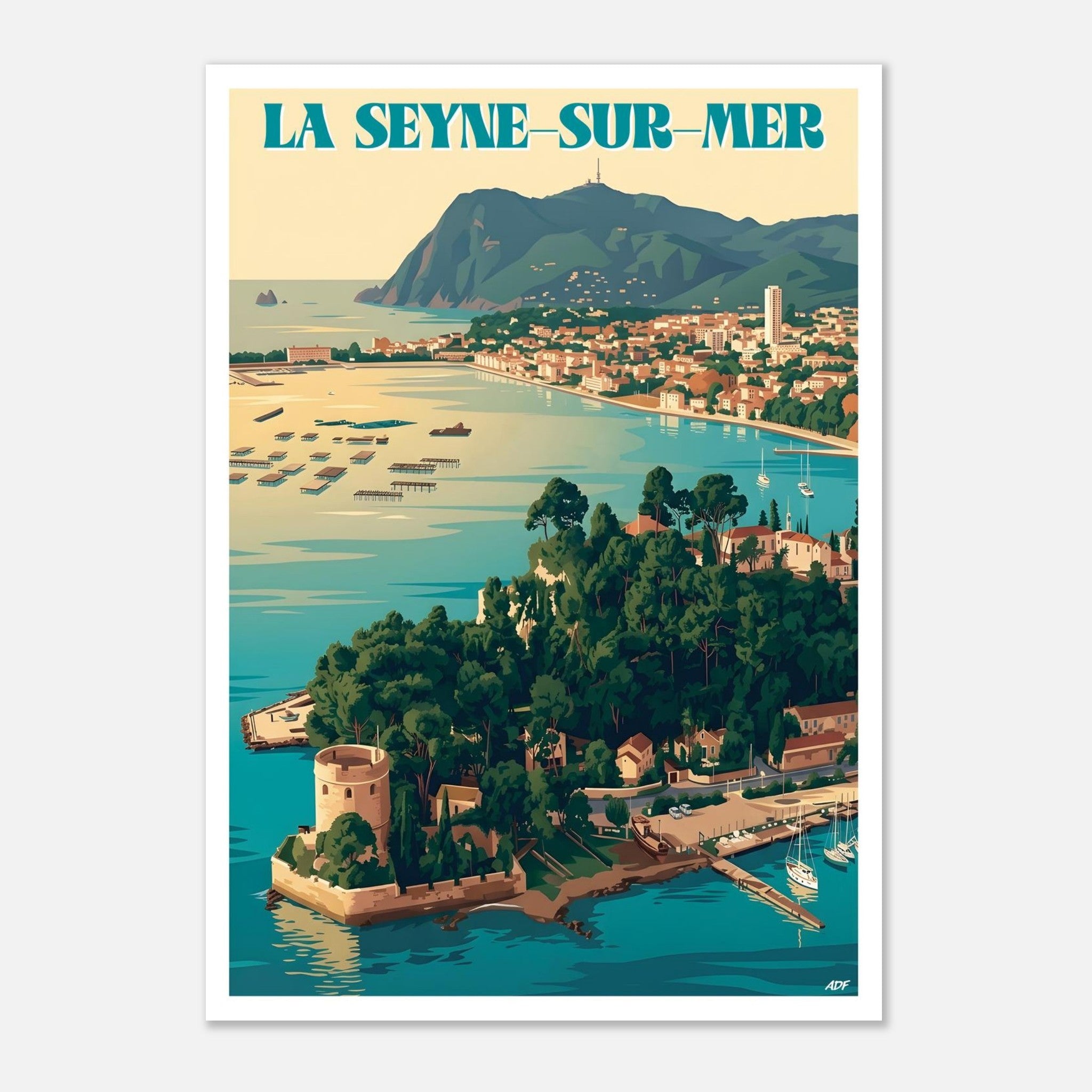Poster rétro illustré du littoral varois à La Seyne-sur-Mer avec vue sur le Mont Faron