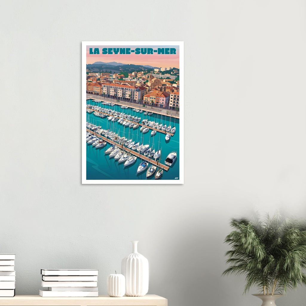 Décoration murale lumineuse esprit Riviera avec l'affiche de La Seyne-sur-Mer dans un intérieur contemporain
