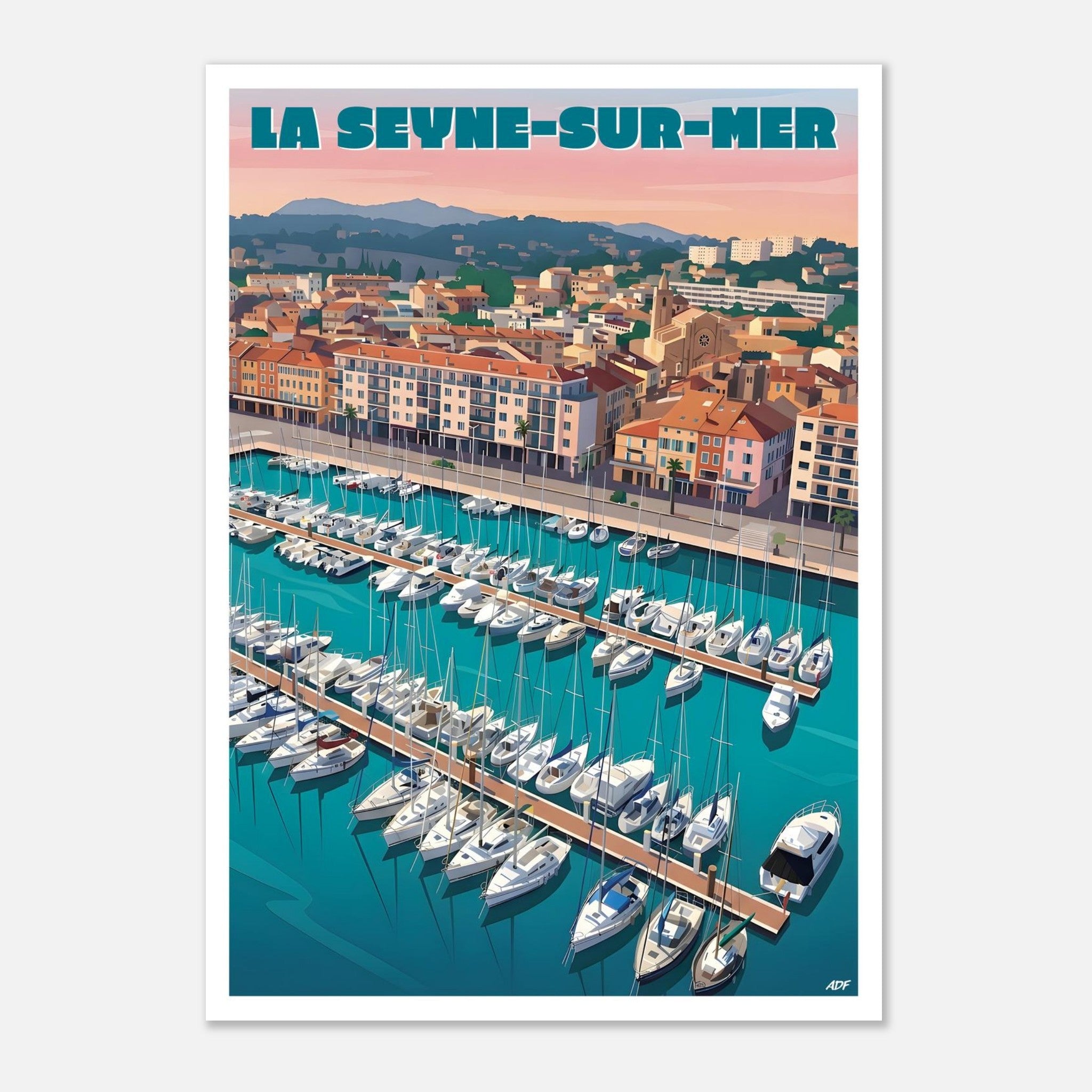Poster rétro illustré du port de plaisance de La Seyne-sur-Mer et de ses façades provençales terracotta