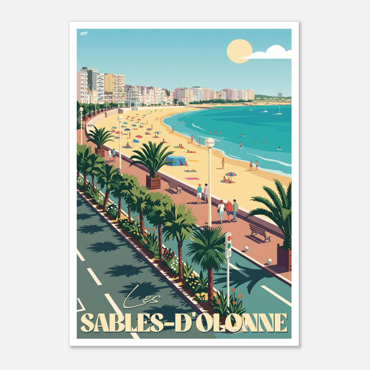 Poster rétro illustré du front de mer des Sables-d'Olonne avec baigneurs et voiliers sur l'océan Atlantique