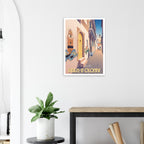 Poster de voyage des Sables-d'Olonne disposé sur une console moderne en bois clair dans une entrée