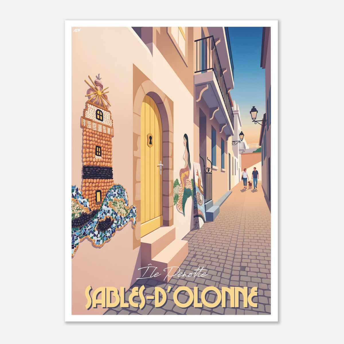Poster rétro illustré des ruelles pittoresques de l'Île Penotte aux Sables-d'Olonne en Vendée