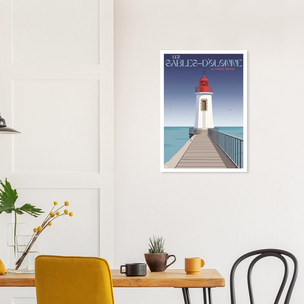 Poster de voyage des Sables-d'Olonne sous cadre posé sur une console moderne en bois clair