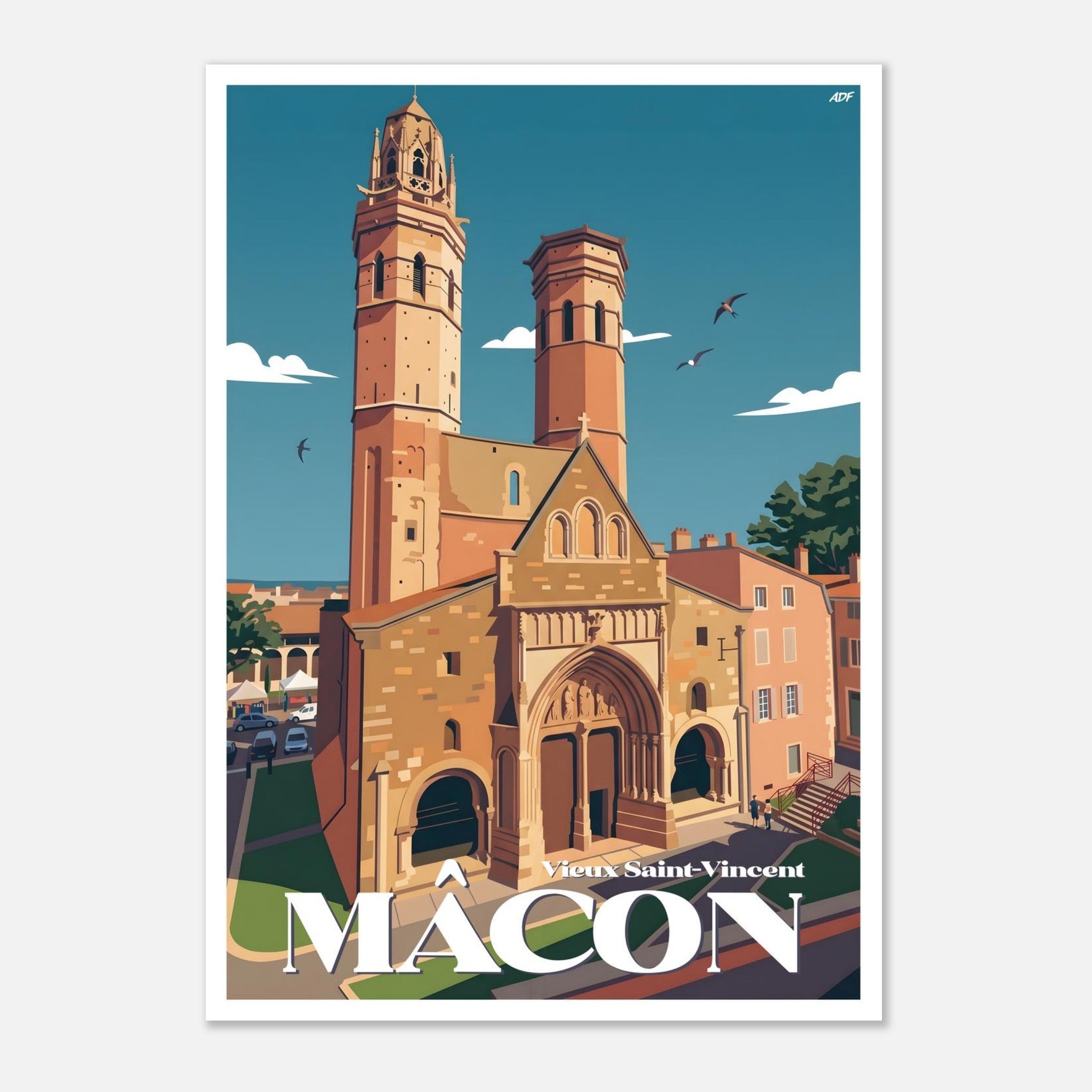 Poster rétro illustré du monument historique du Vieux Saint-Vincent à Mâcon