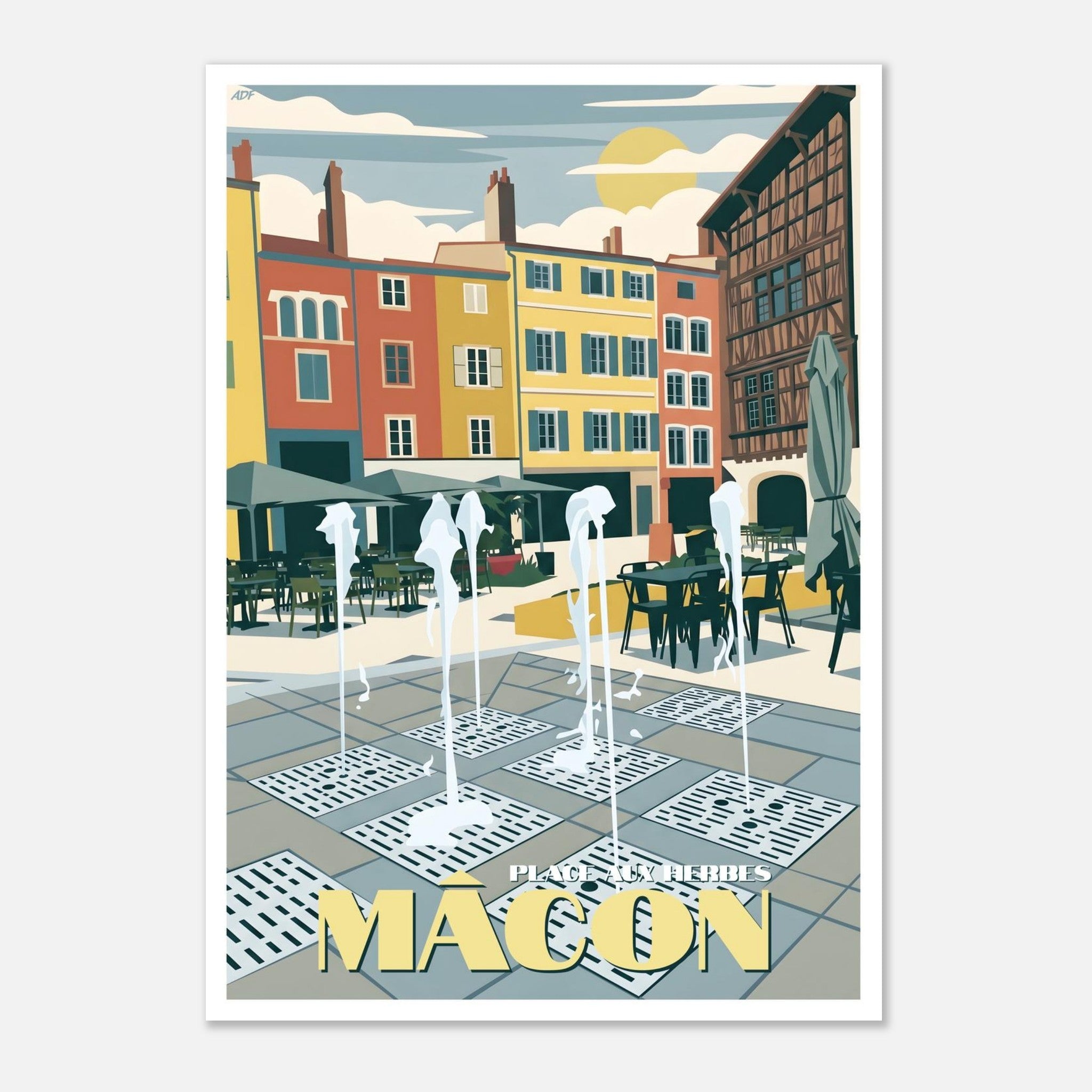 Poster rétro de la place aux Herbes et des terrasses à Mâcon en Saône-et-Loire