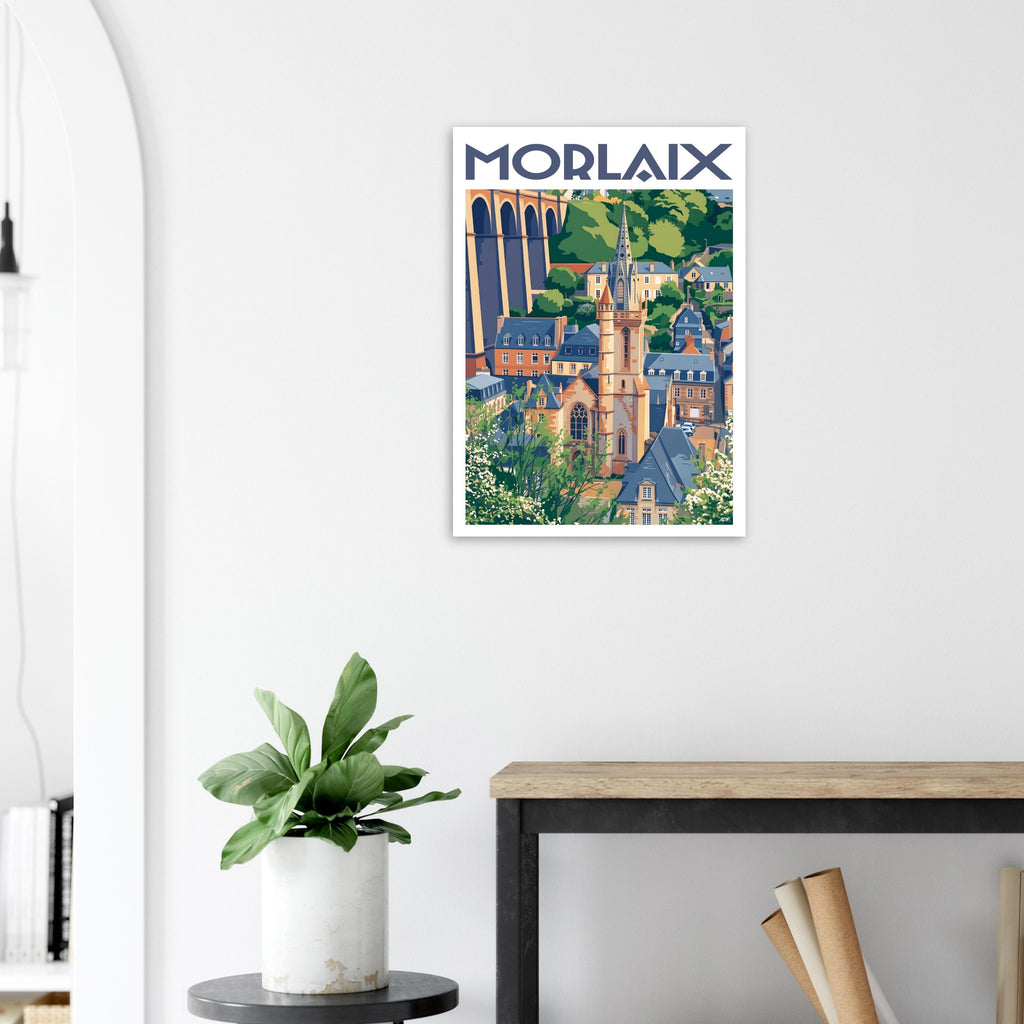 Poster de voyage de Morlaix sous cadre posé sur une console moderne d'entrée