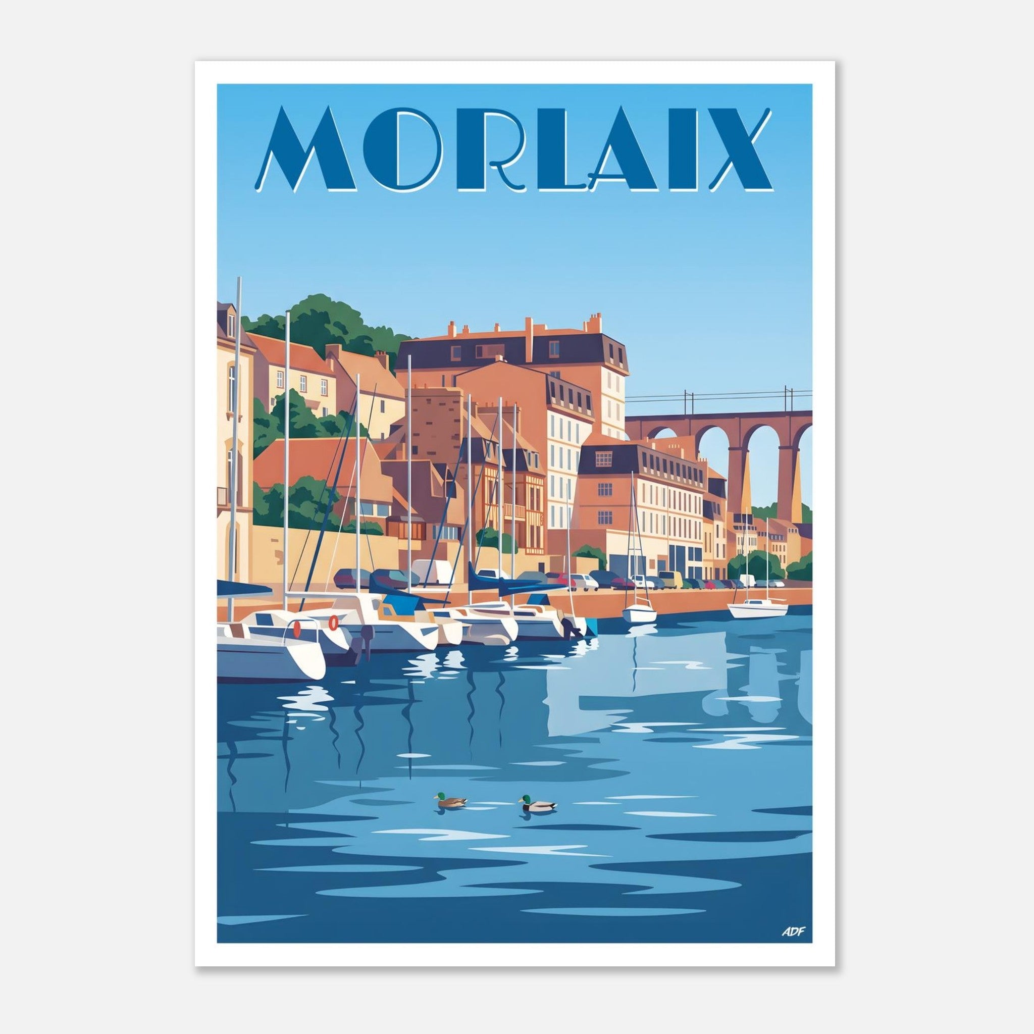 Poster rétro illustré des quais, des bateaux et du viaduc de Morlaix en Bretagne