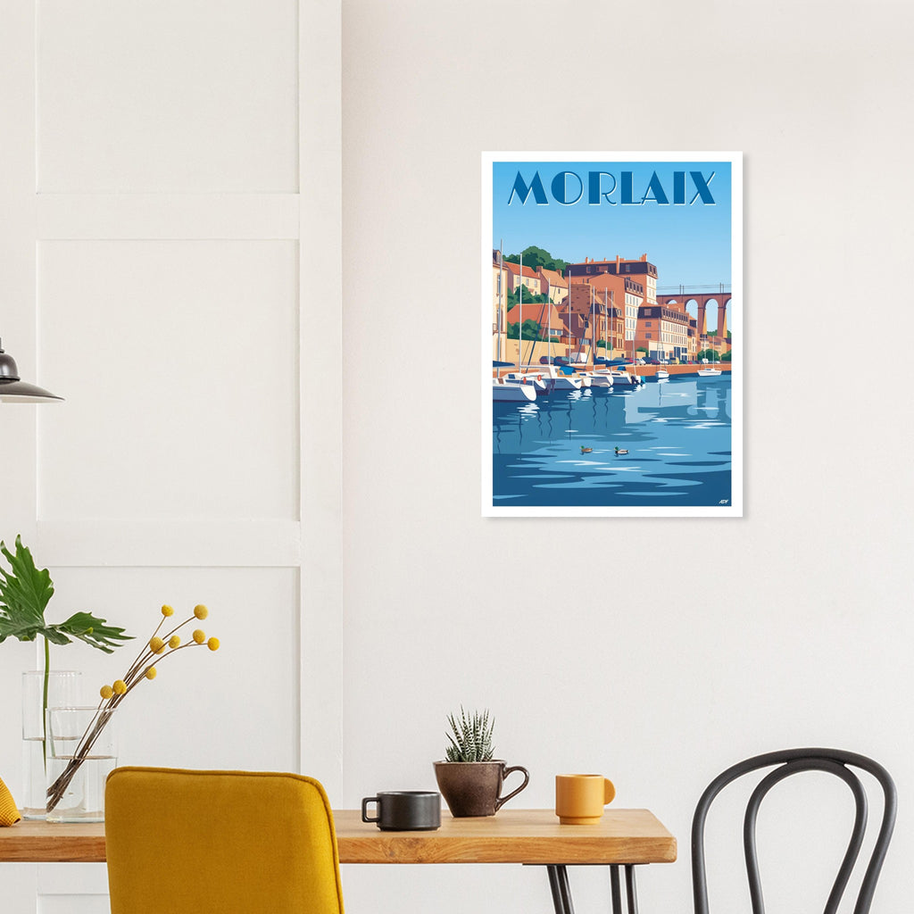 Décoration murale avec l'affiche du port de Morlaix au-dessus d'une table à manger