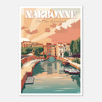 Poster rétro illustré du canal de la Robine et des péniches à Narbonne dans l'Aude