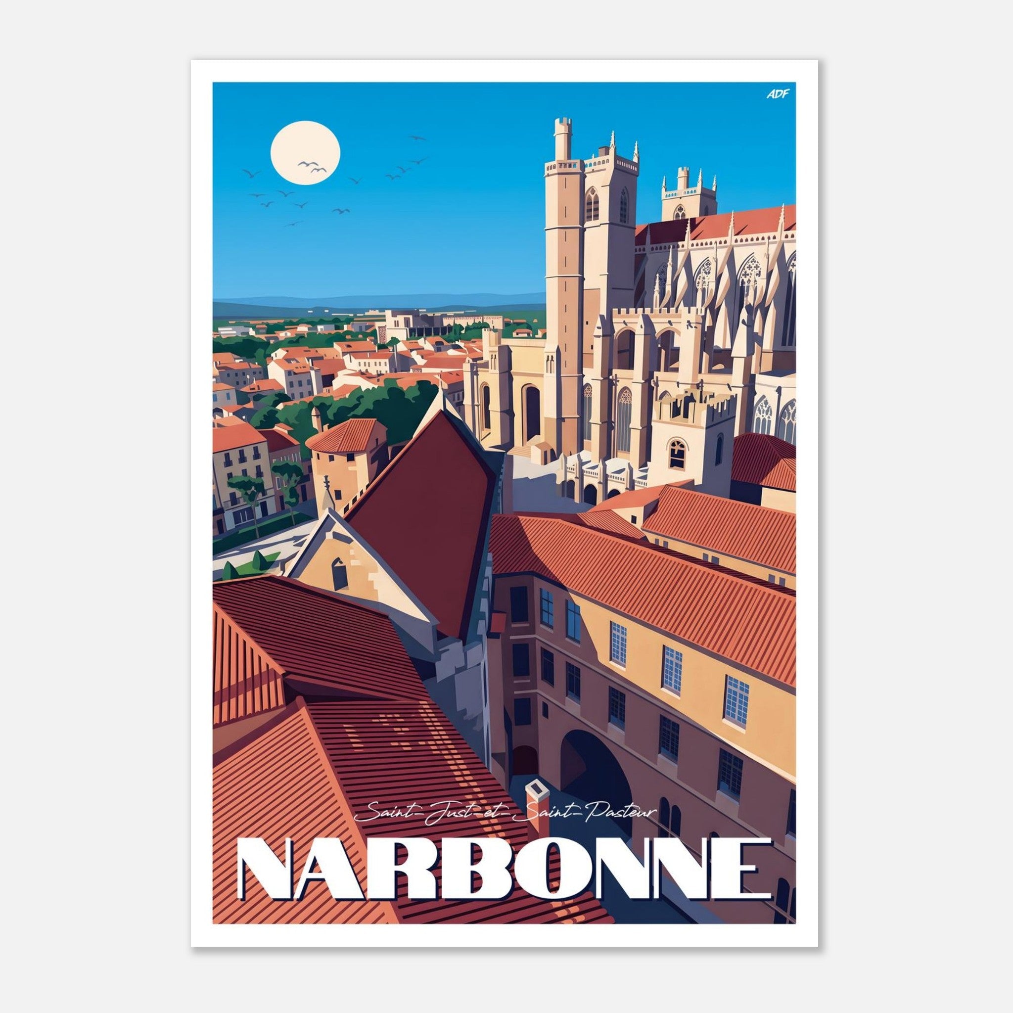 Poster rétro illustré de la cathédrale fortifiée de Narbonne en Occitanie
