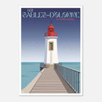 Poster rétro illustré du phare rouge veillant sur le chenal des Sables-d'Olonne en Vendée