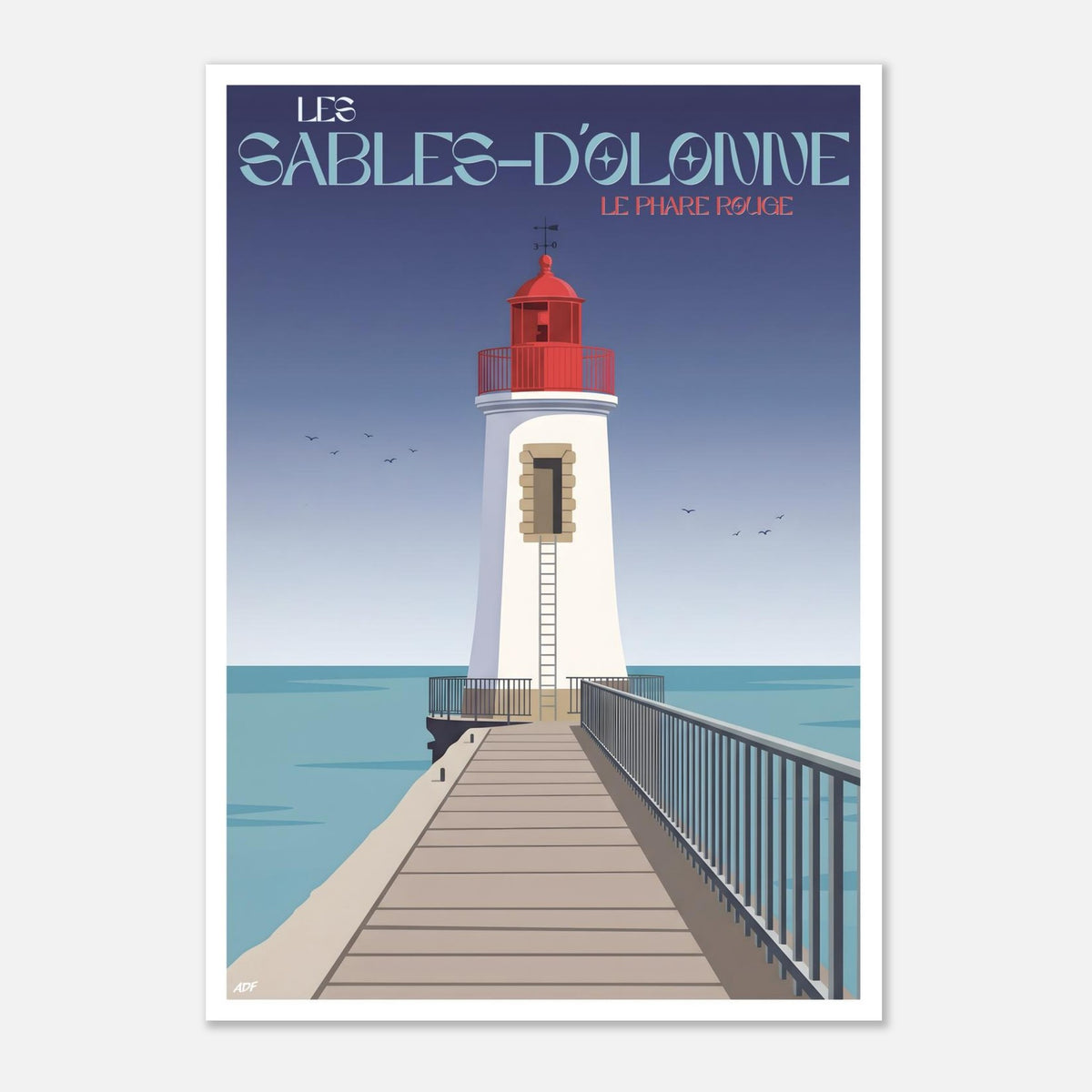 Poster rétro illustré du phare rouge veillant sur le chenal des Sables-d'Olonne en Vendée