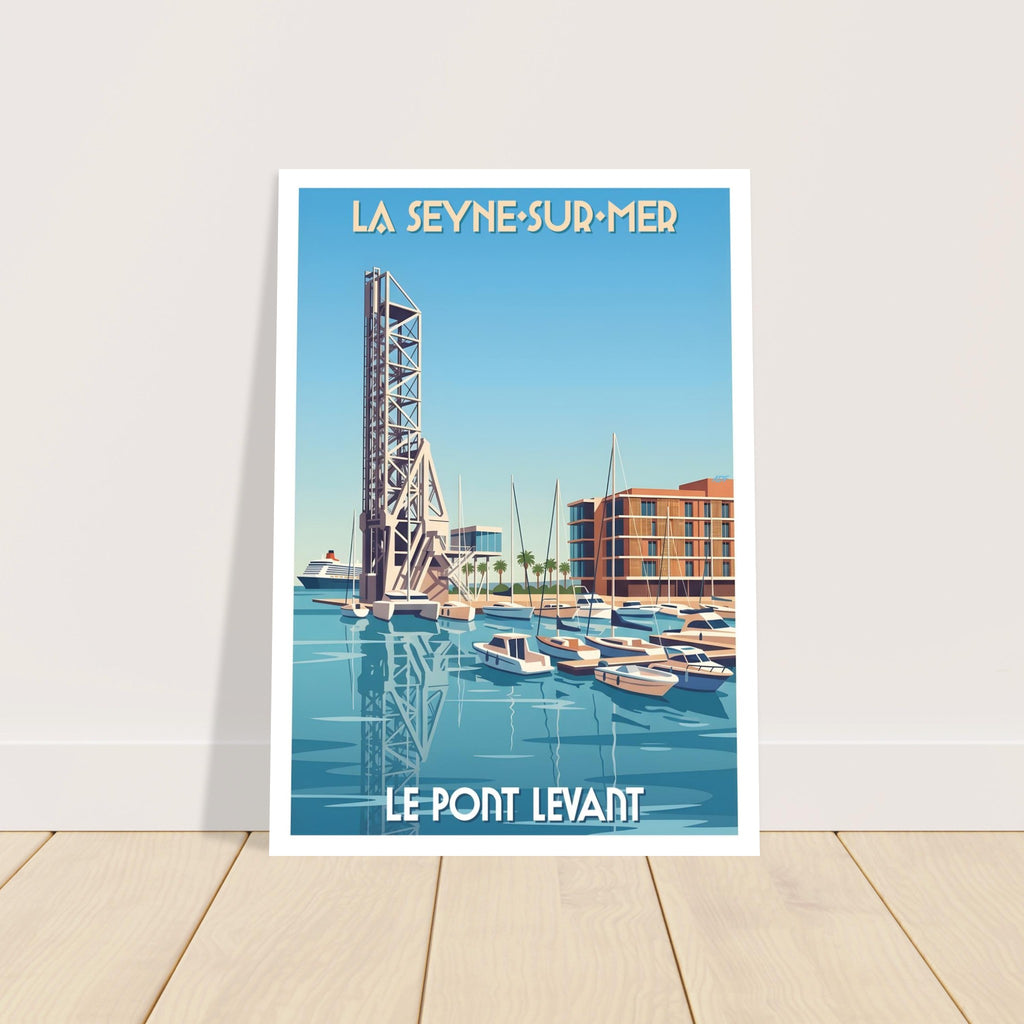 Grand tirage d'art sous cadre de l'affiche du pont levant de La Seyne-sur-Mer posé sur du parquet en bois