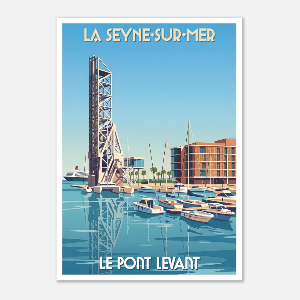 Poster rétro illustré du pont levant de La Seyne-sur-Mer et du patrimoine naval de la Côte d'Azur