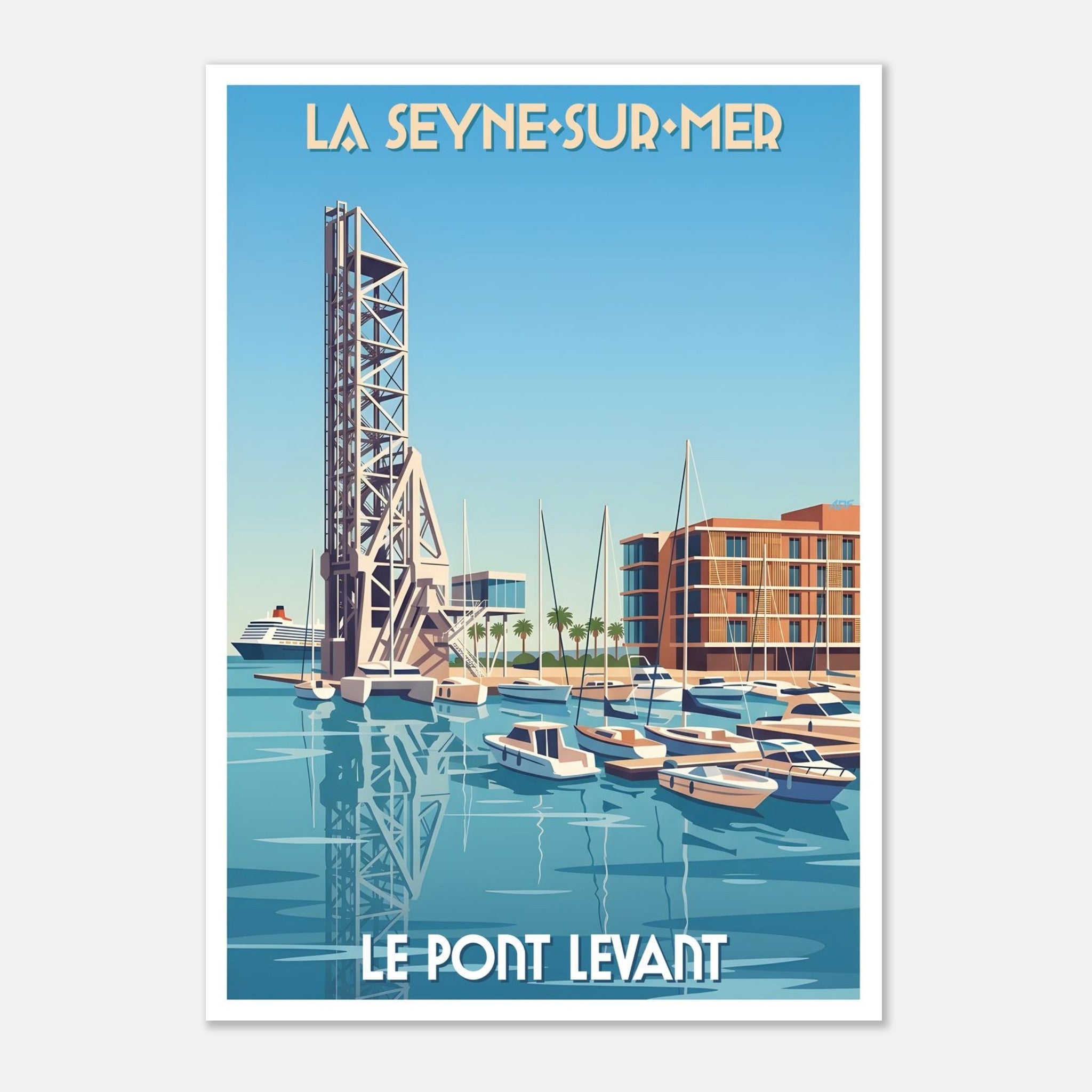 Poster rétro illustré du pont levant de La Seyne-sur-Mer et du patrimoine naval de la Côte d'Azur