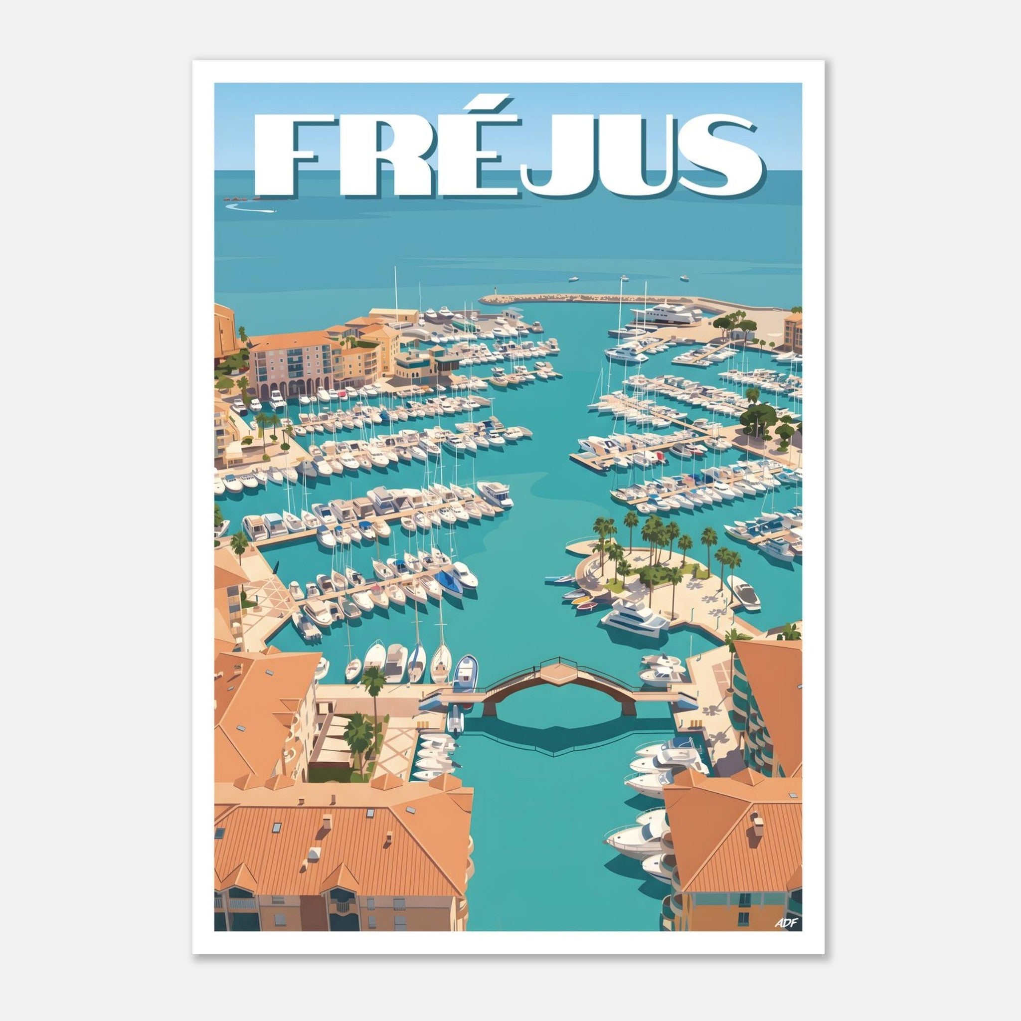 Poster rétro illustré des bassins et des voiliers de Port-Fréjus dans le Var