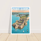 Grand tirage d'art sous cadre du poster de Port-Louis posé au sol sur parquet