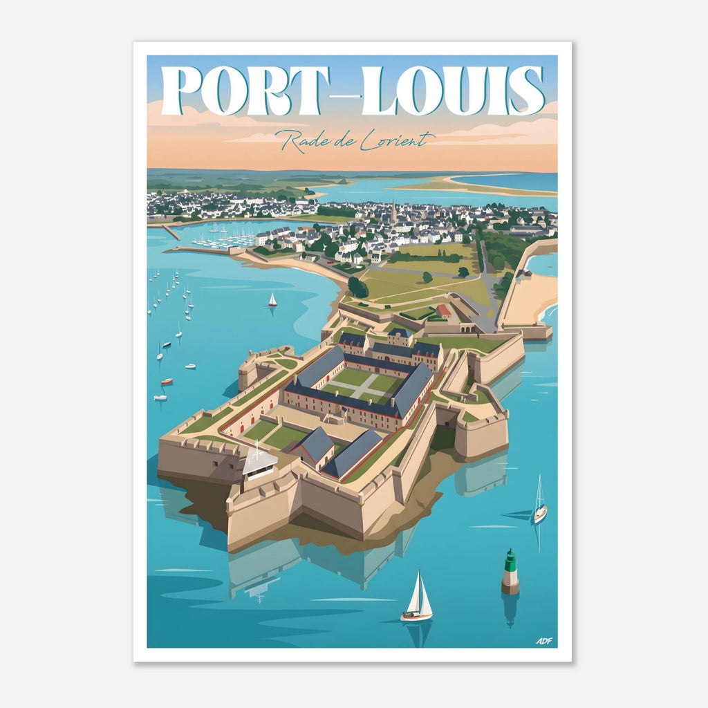 Poster rétro illustré des remparts et des bastions de la citadelle de Port-Louis en Bretagne