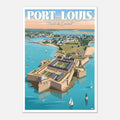 Poster rétro illustré des remparts et des bastions de la citadelle de Port-Louis en Bretagne