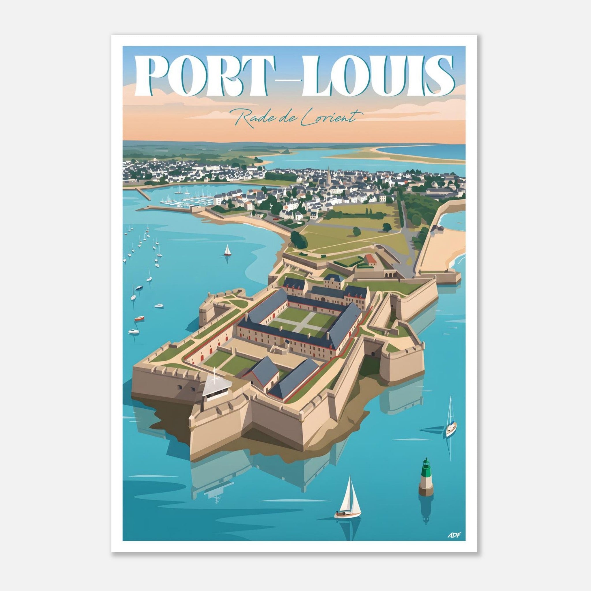 Poster rétro illustré des remparts et des bastions de la citadelle de Port-Louis en Bretagne