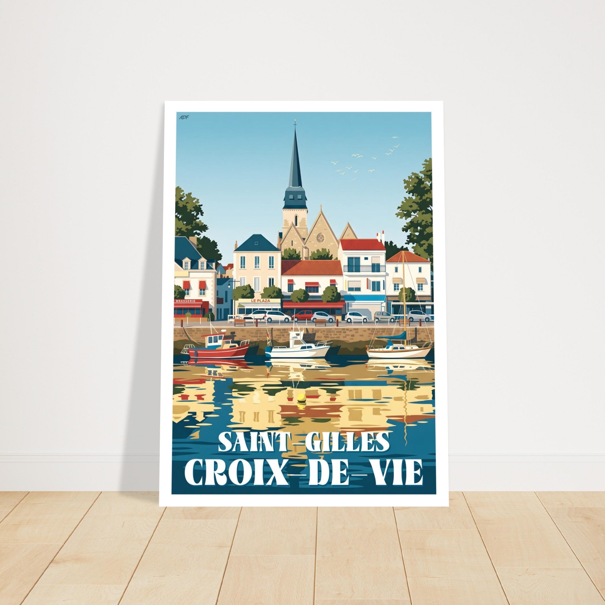 Grand tirage d'art encadré de Saint-Gilles-Croix-de-Vie posé sur du parquet