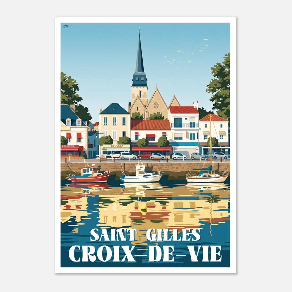 Poster rétro illustré du quai animé et des terrasses à Saint-Gilles-Croix-de-Vie